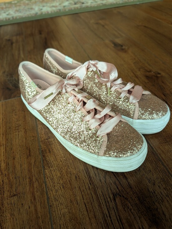 Keds Shoes - Keds x Kate Spade Rose Gold Glitter Platform Sneakers Satin Laces Size 9